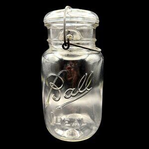 Vintage Ball Ideal Lightning Quart Jar 1933-1962 Clear Glass Wire Seal no gasket